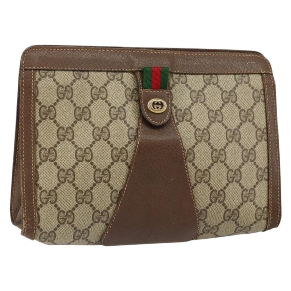 Gucci Gg Supreme Web Sherry Line Clutch Bag Pvc Beige Gold 89 01 032 Auth 145971